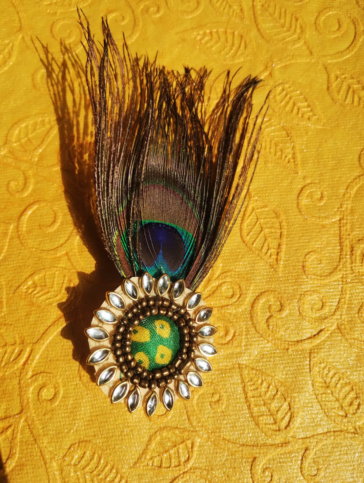 Jaipuri Style Green Brooch with Peacock Feather
